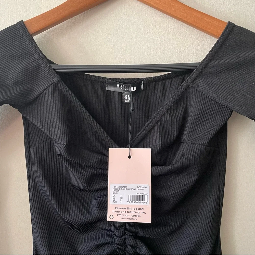 🐈⬛ Missguided (NWOT) Black Rib Ruched Front Long Sleeve Mini Dress 🐈⬛ - Picture 8 of 9